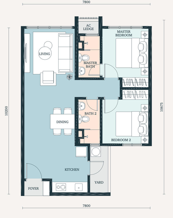 Type B - 770 sqft - 2 Bedrooms + 2 Baths