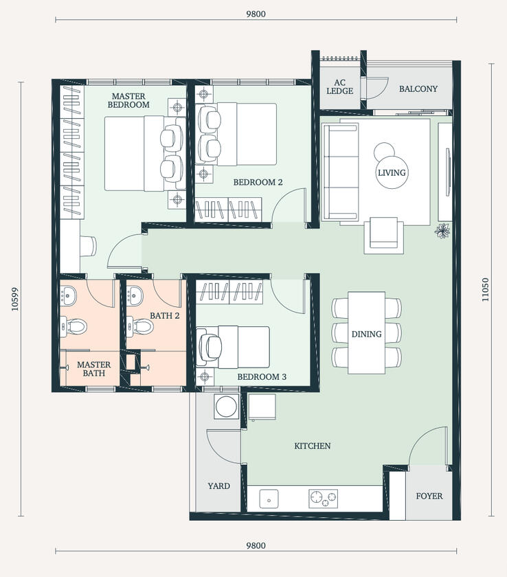 Type C - 1,024 sqft - 3 Bedrooms + 2 Baths